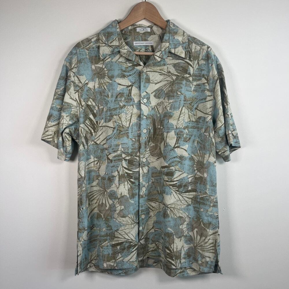 Geoffrey Beene Silk Tropical Hawaiian Camp Shirt Button Front Blue Green Mens M